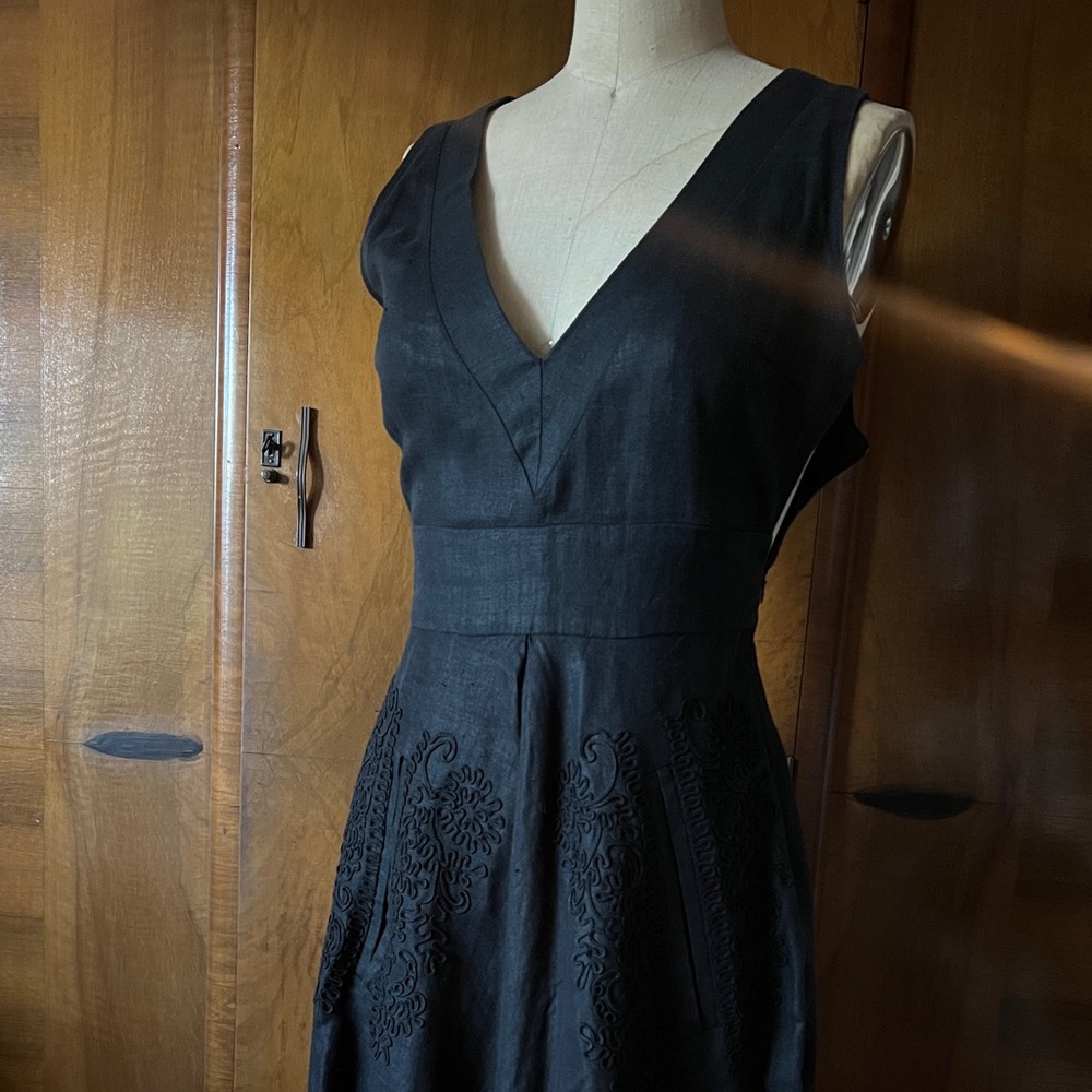Cynthia Rowley Black Linen Fit And Flare Dress Soutache Pockets Asymmetrical